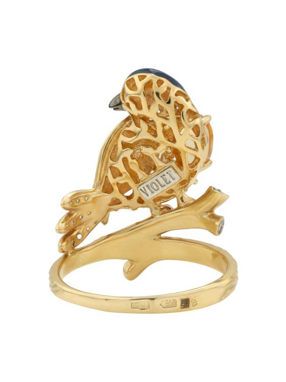 Кольцо из лимонного золота c эмалью, фианитом, цитрином и сапфиром