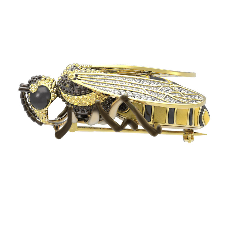 Брошь из лимонного золота c эмалью и фианитом