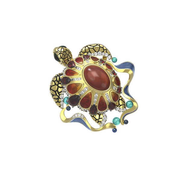 Подвеска из лимонного золота c эмалью, фианитом, гранатом и янтарём