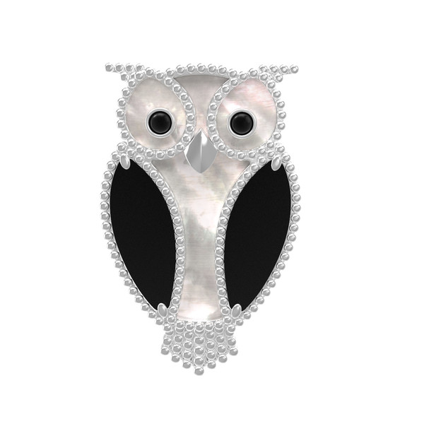 Брошь из белого золота c эмалью, ониксом и перламутром