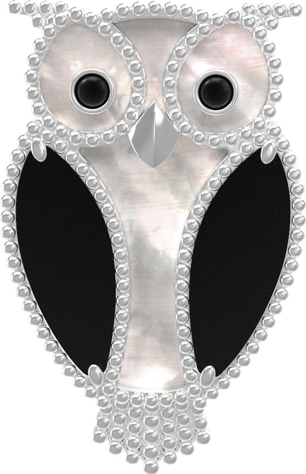 Брошь из белого золота c эмалью, ониксом и перламутром