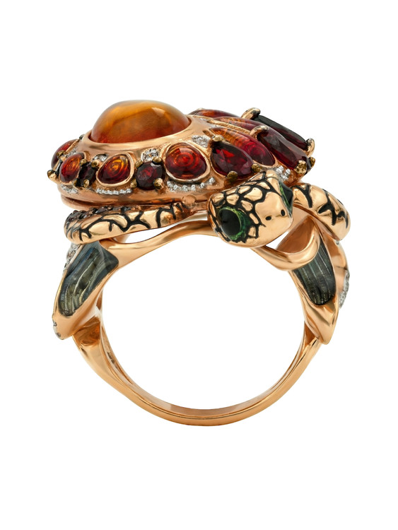 Кольцо из золота c эмалью, фианитом, гранатом и янтарём