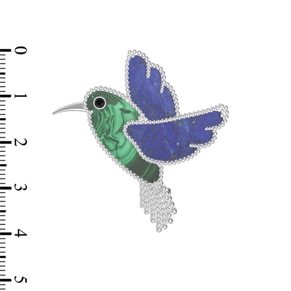 Брошь из белого золота c эмалью, лазуритом и малахитом