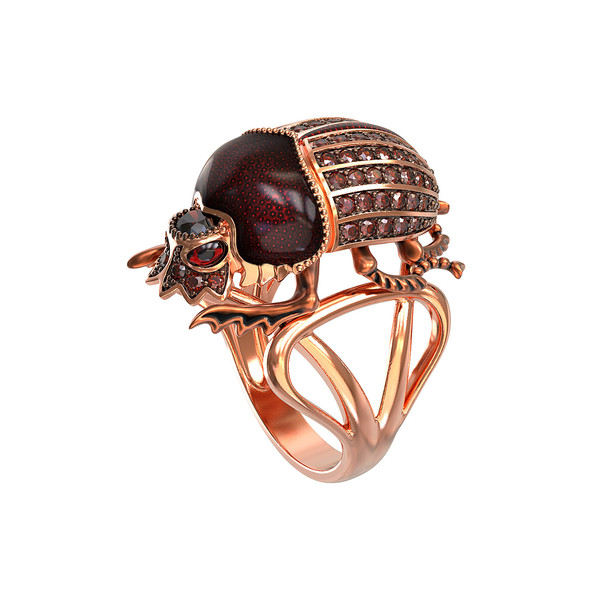 Кольцо из золота c эмалью, фианитом и гранатом