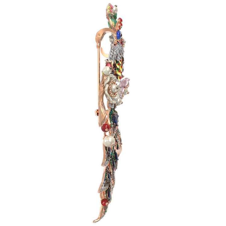 Брошь из золота c эмалью, фианитом, гранатом, жемчугом, сапфиром, кораллом и перламутром