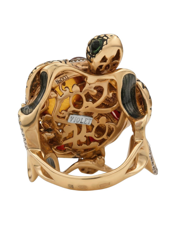 Кольцо из золота c эмалью, фианитом, гранатом и янтарём