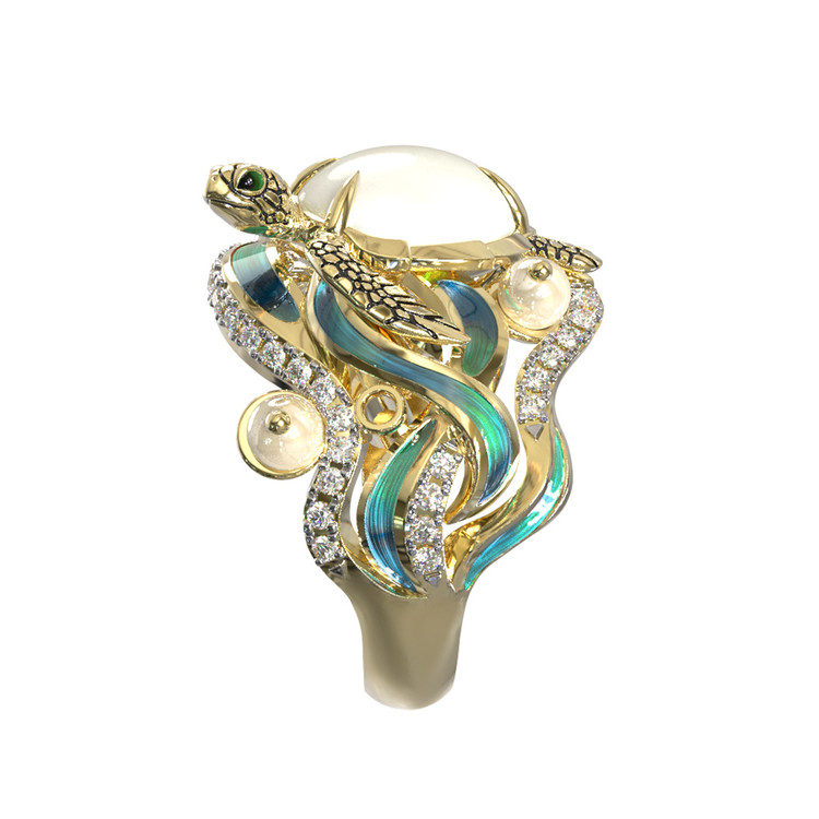 Кольцо из лимонного золота c эмалью, бриллиантами, жемчугом и перламутром