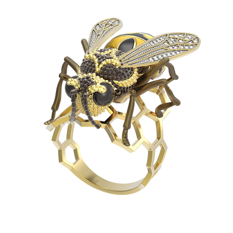 Кольцо из лимонного золота c эмалью и фианитом