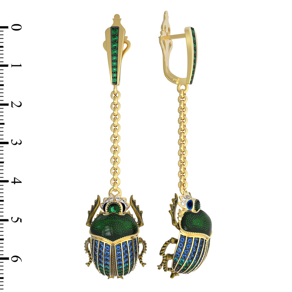 Серьги из лимонного золота c эмалью, фианитом, турмалином и сапфиром