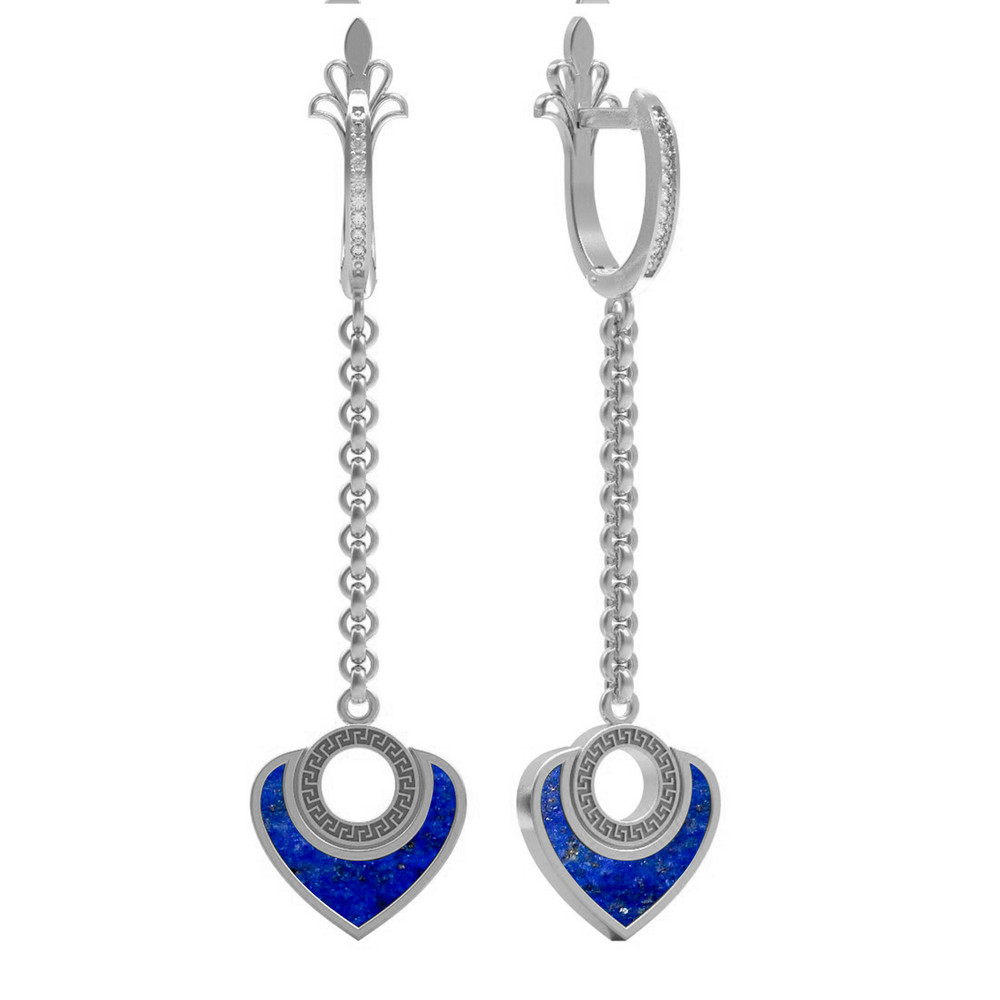 Серьги из белого золота c фианитом и лазуритом