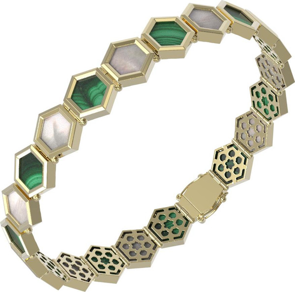 Браслет из лимонного золота c малахитом и перламутром