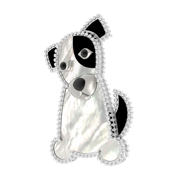 Брошь из белого золота c эмалью, ониксом и перламутром