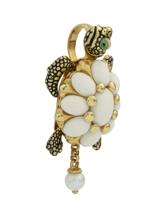 Подвеска из лимонного золота c эмалью, жемчугом и бивнем мамонта
