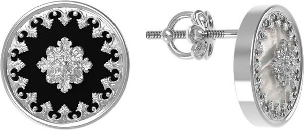 Серьги из белого золота c ониксом и перламутром