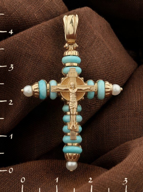 Крест из золота c жемчугом и бирюзой