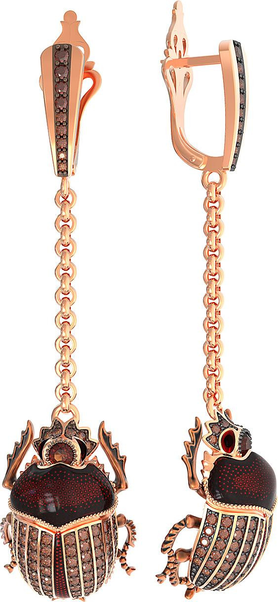 Серьги из золота c эмалью, фианитом и гранатом