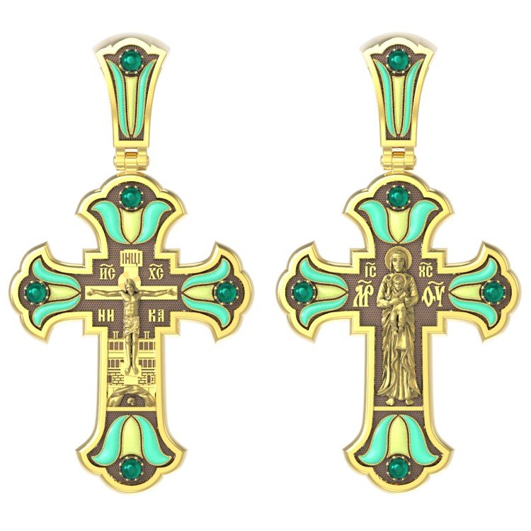 Крест из лимонного золота c эмалью и хризопразом