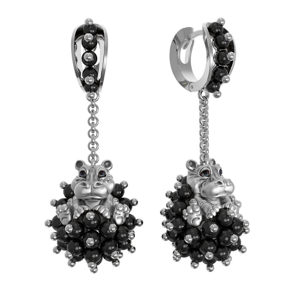 Серьги из белого золота c эмалью и ониксом