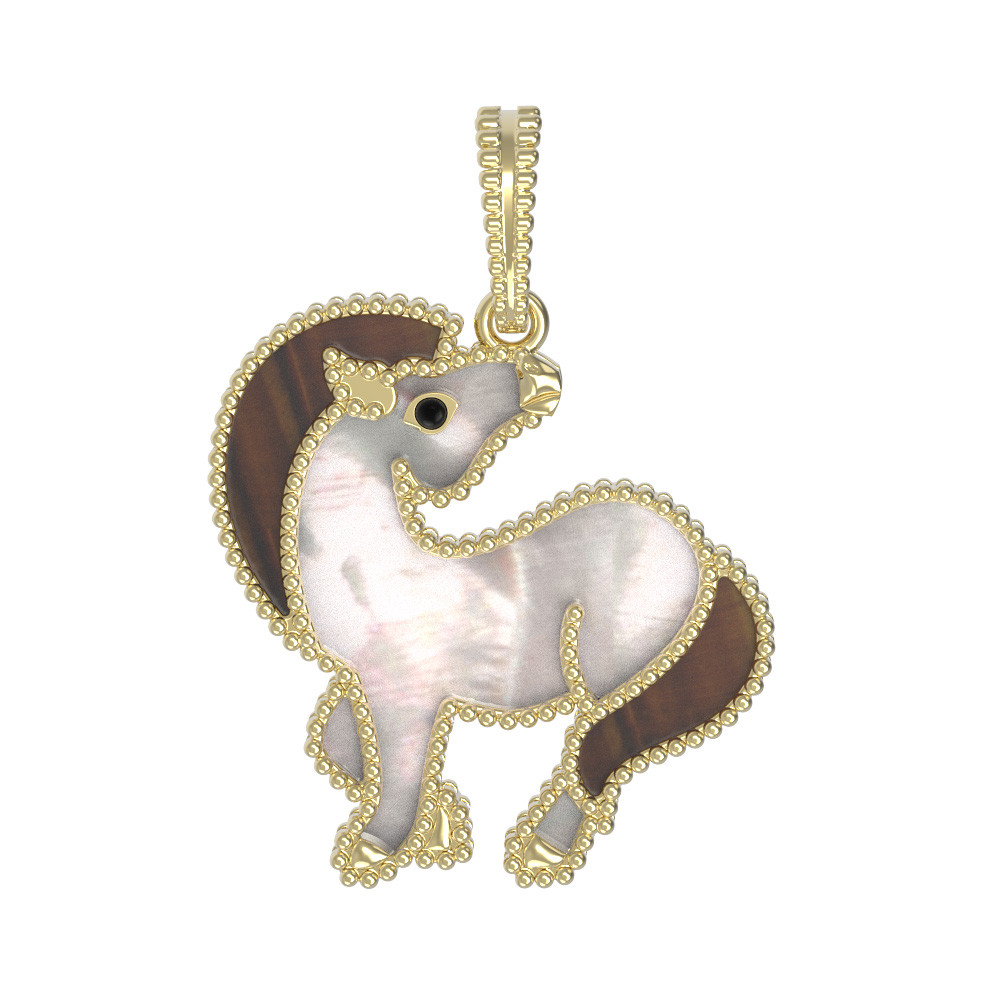 Подвеска из лимонного золота c эмалью, тигровым глазом и перламутром