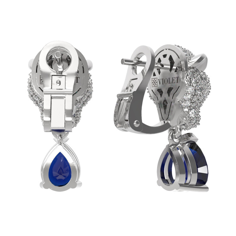 Серьги из белого золота c бриллиантами, сапфиром и изумрудом