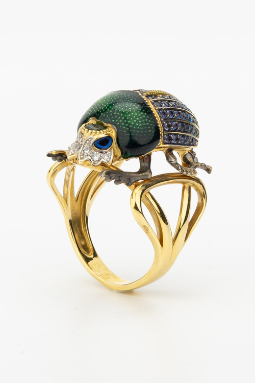 Кольцо из лимонного золота c эмалью, фианитом и турмалином