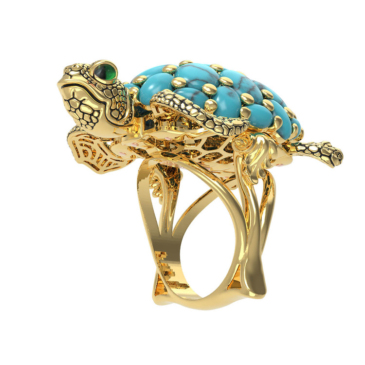 Кольцо из лимонного золота c эмалью и бирюзой