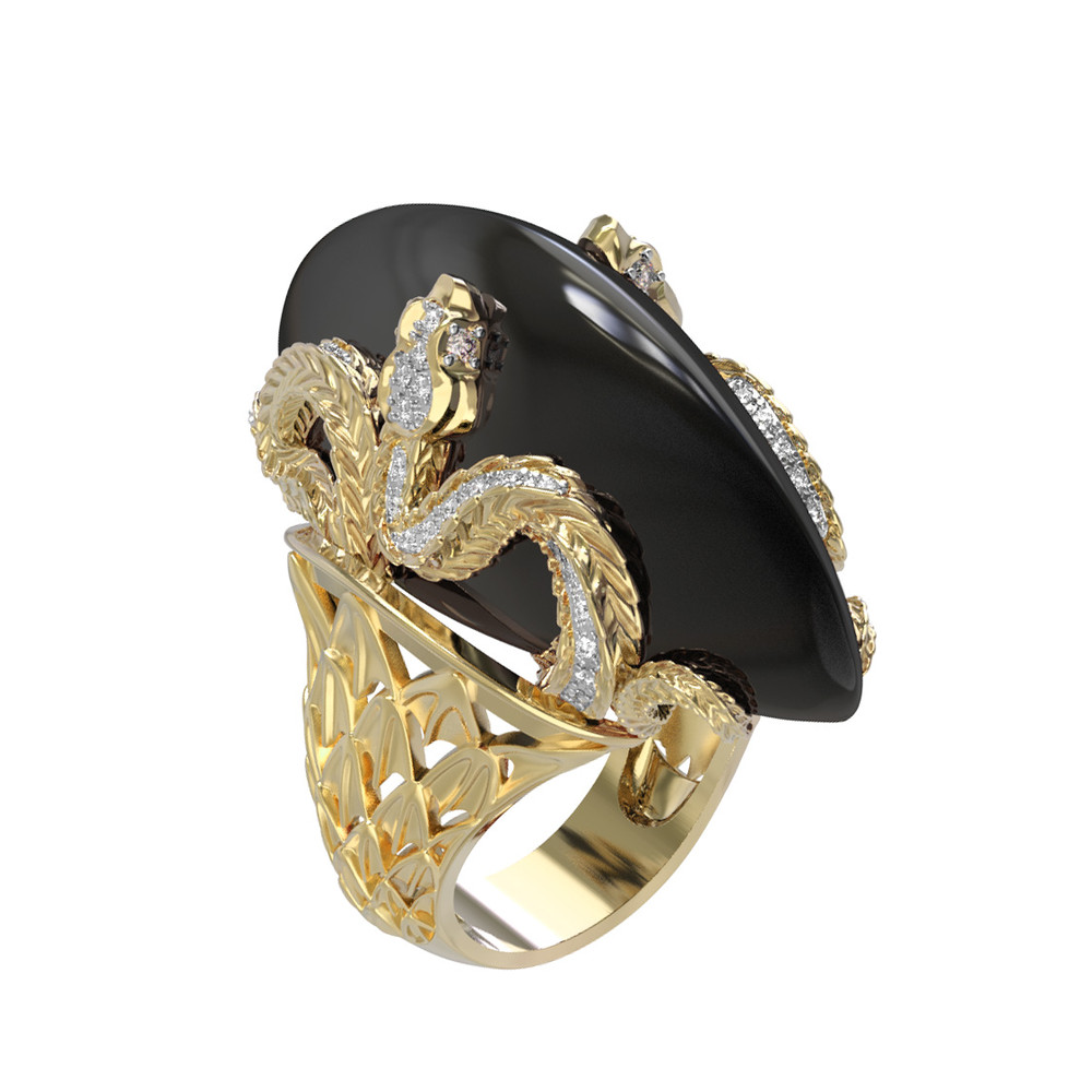 Кольцо из лимонного золота c бриллиантами и ониксом