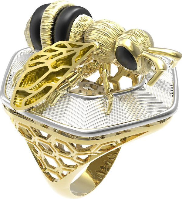 Кольцо из лимонного золота c эмалью, ониксом и эмалью