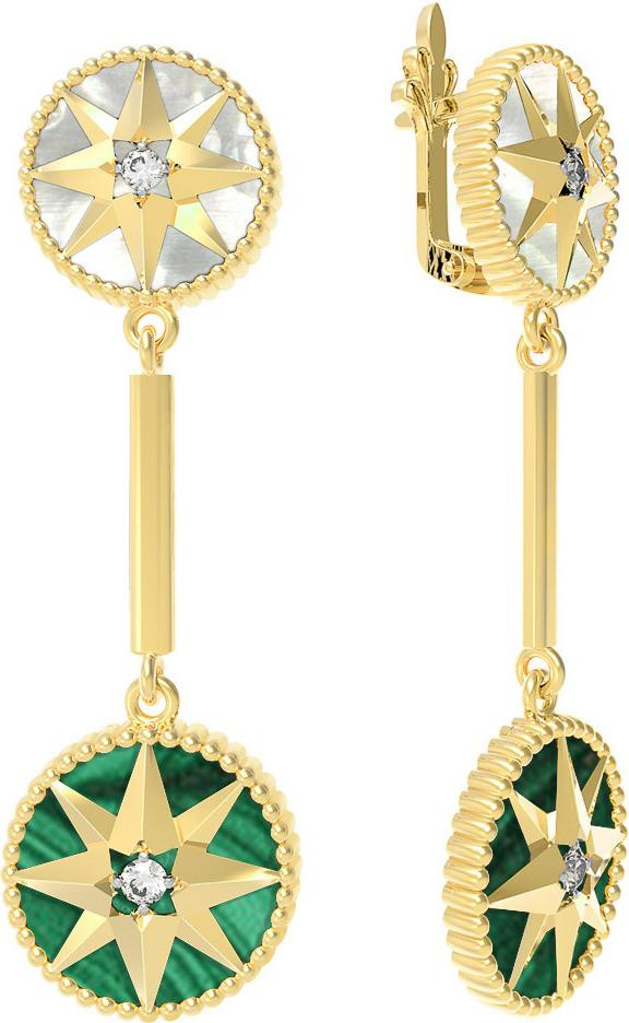 Серьги из лимонного золота c фианитом, малахитом и перламутром