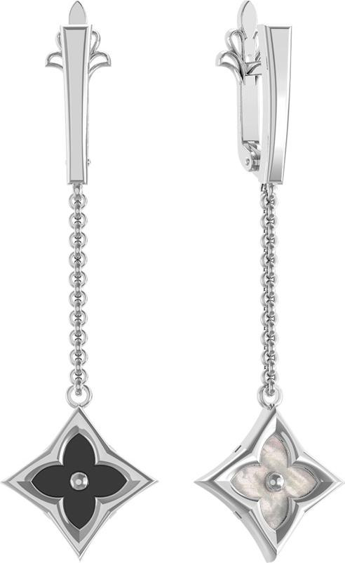 Серьги из белого золота c ониксом и перламутром