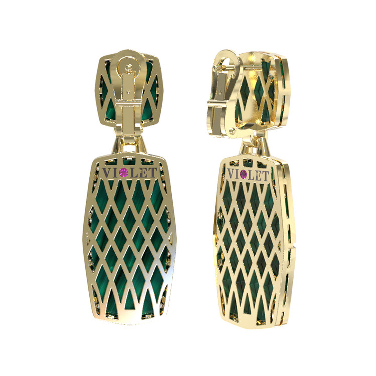 Серьги из лимонного золота c бриллиантами, рубином и малахитом