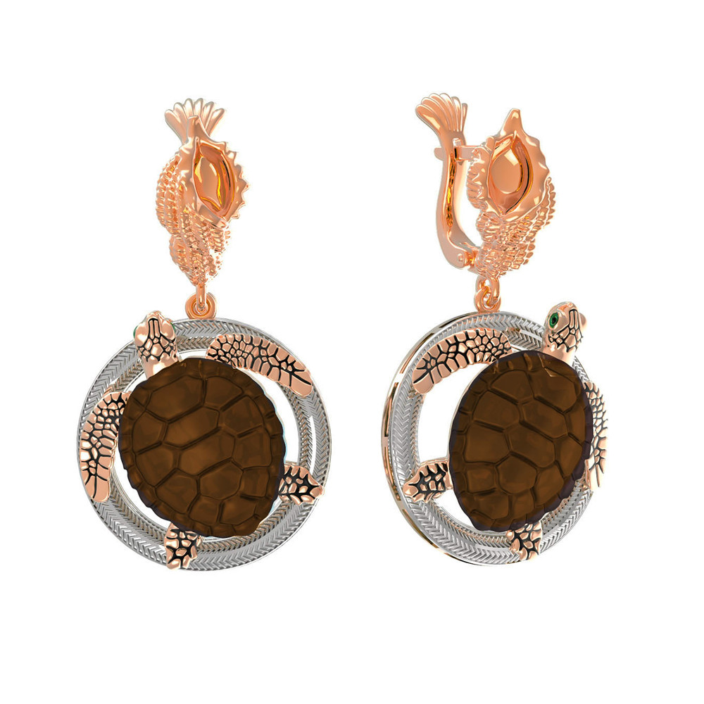 Серьги из золота c эмалью и железным деревом