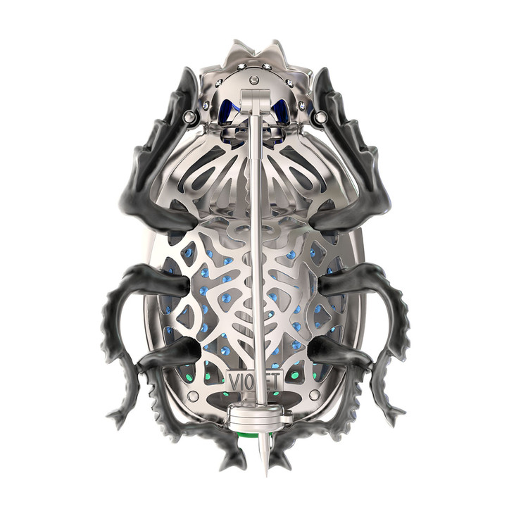 Брошь из белого золота c эмалью, фианитом и сапфиром