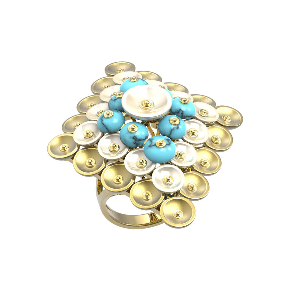 Кольцо из лимонного золота c бирюзой и перламутром