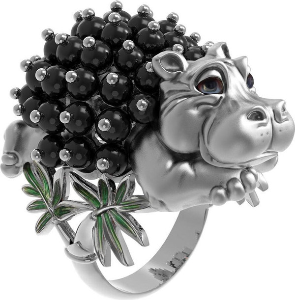 Кольцо из белого золота c эмалью и ониксом