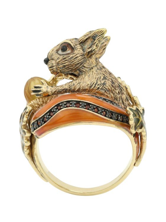 Кольцо из лимонного золота c эмалью, гранатом и янтарём