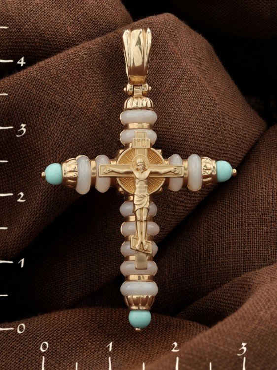 Крест из золота c бирюзой и кахолонгом