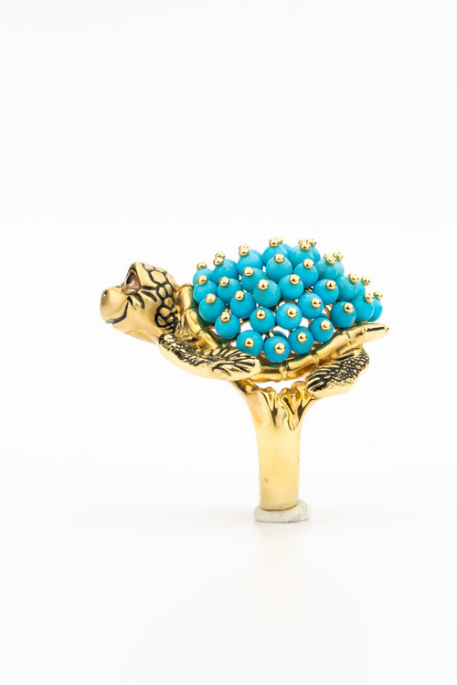 Кольцо из лимонного золота c эмалью и бирюзой