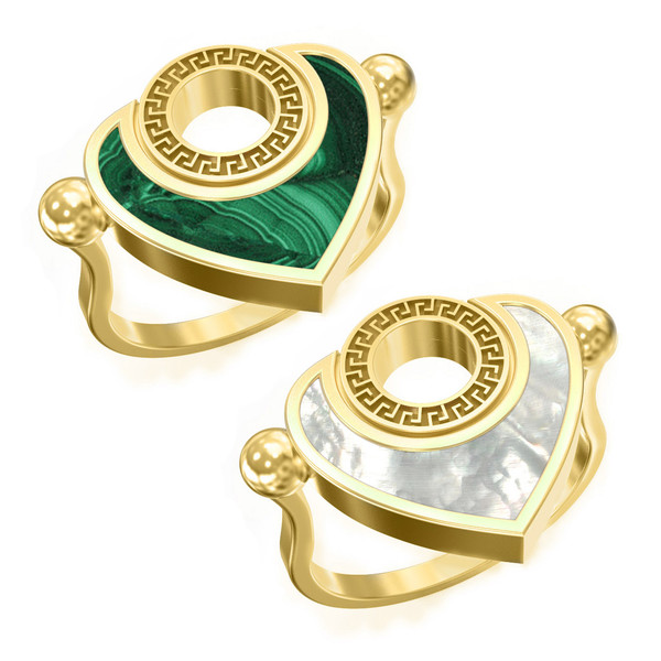 Кольцо из лимонного золота c малахитом и перламутром