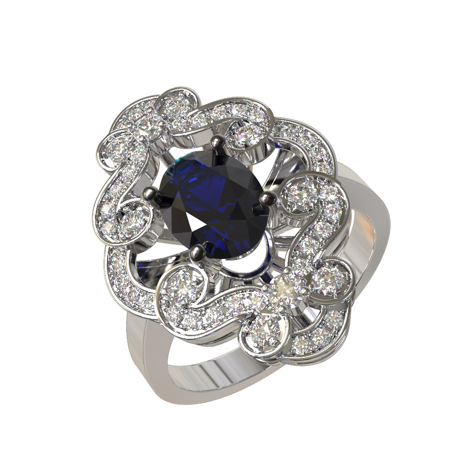 Кольцо из белого золота c бриллиантами и сапфиром
