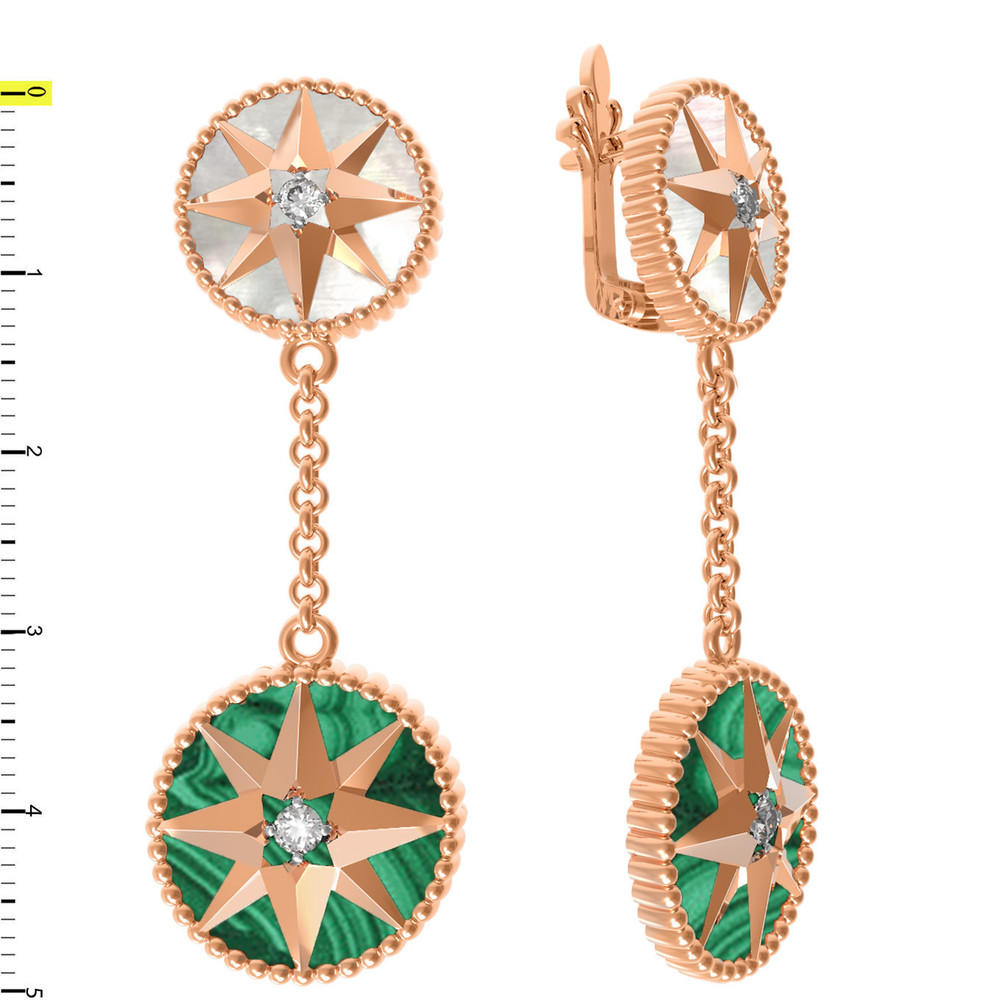 Серьги из золота c фианитом, малахитом и перламутром