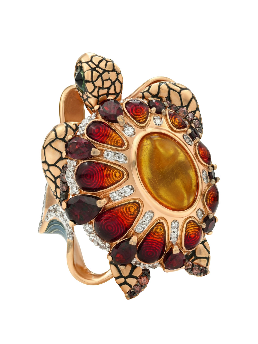 Кольцо из золота c эмалью, фианитом, гранатом и янтарём