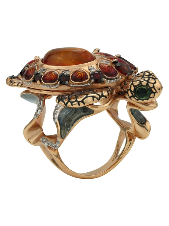 Кольцо из золота c эмалью, фианитом, гранатом и янтарём