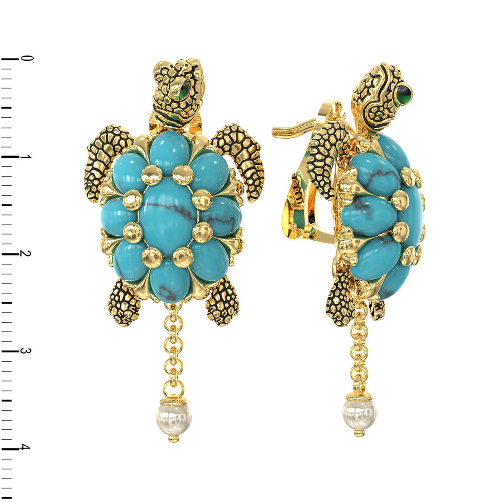 Серьги из лимонного золота c эмалью, жемчугом и бирюзой