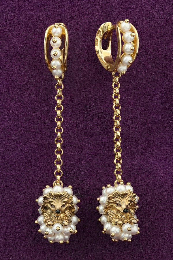 Серьги из лимонного золота c эмалью и жемчугом