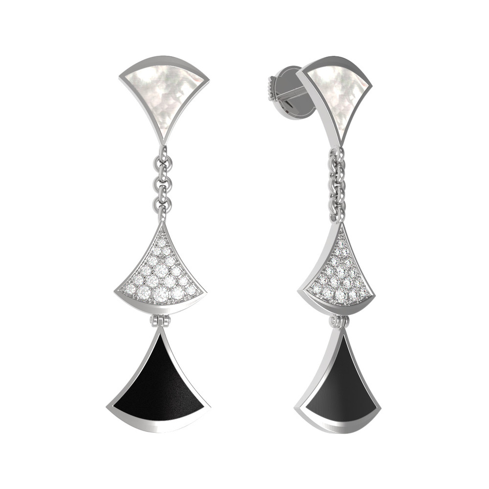 Серьги из белого золота c бриллиантами, ониксом и перламутром