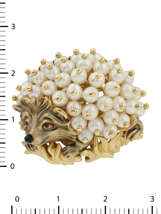 Брошь из лимонного золота c эмалью и жемчугом