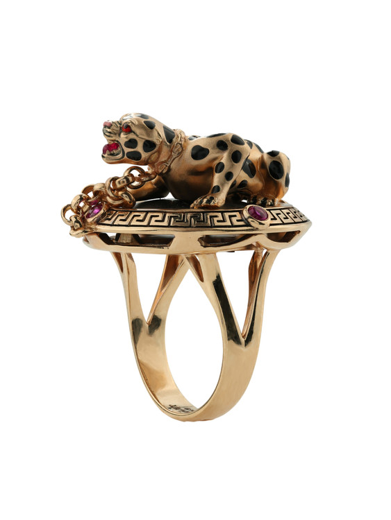 Кольцо из золота c эмалью, ониксом и рубином