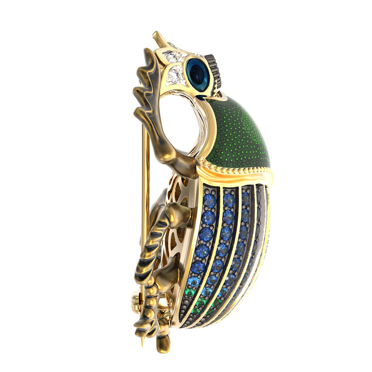 Брошь из лимонного золота c эмалью, фианитом и турмалином