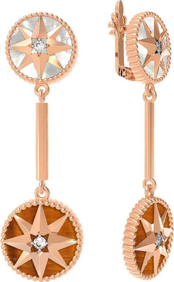 Серьги из золота c фианитом, тигровым глазом и перламутром